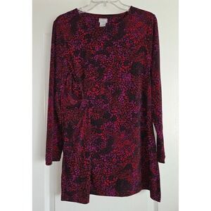 Chicos Long Sleeve Slinky Black Pink Red Speckled Print Twist Waist Tunic Sz 1/M